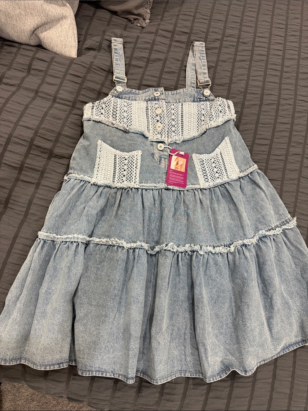 Women’s Light Blue Denim Sundress with Crochet Panels - Picture 2 of 3